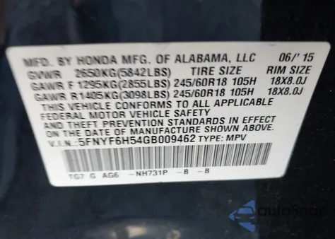 2016 Honda Pilot Ex-L from USA, damaged, VIN 5FNYF6H54GB009462